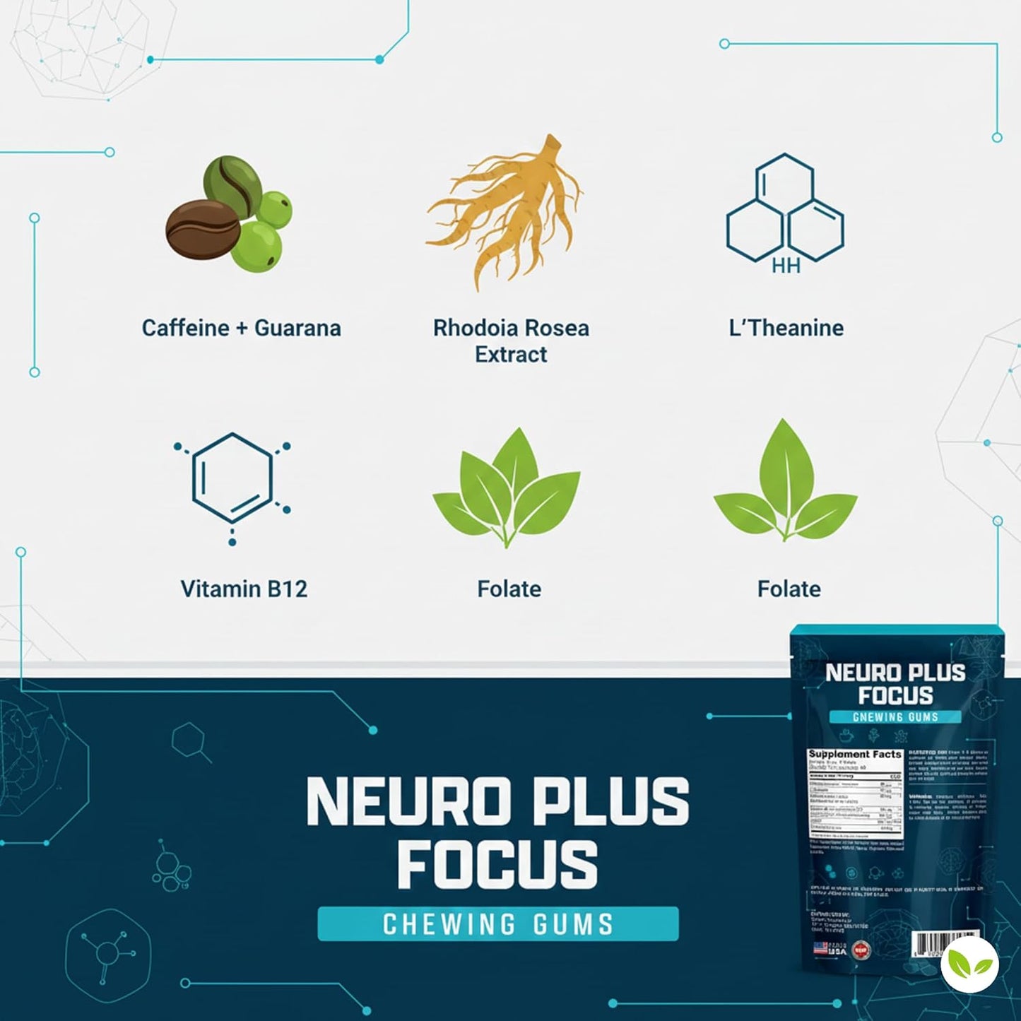 Neuro Plus Focus Chewing Gum, Peppermint Flavor, Nootropic Energy Supports Memory, Mental Clarity & Concentration 90 Pieces