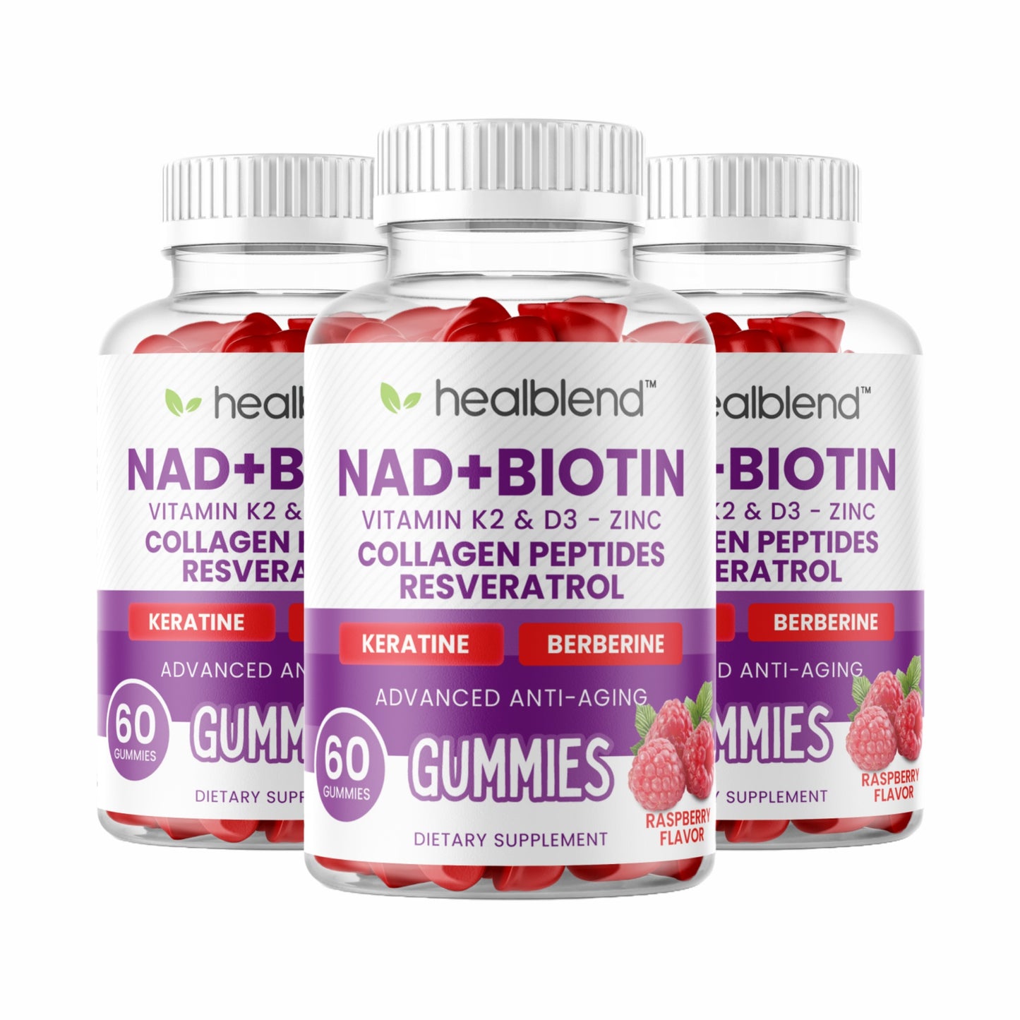 NAD+ Biotin Gummies – Collagen Peptides, Resveratrol, Keratin & Berberine – Anti-Aging Hair, Skin & Nail Support – Raspberry Flavor – 60ct
