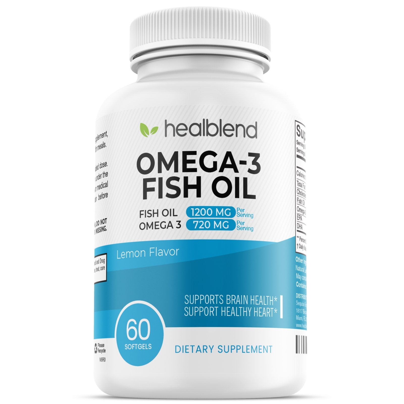 DHA/EPA Omega 3 Fish Oil Pills, Lemon Flavor - 60 Soft Gels - Healblend
