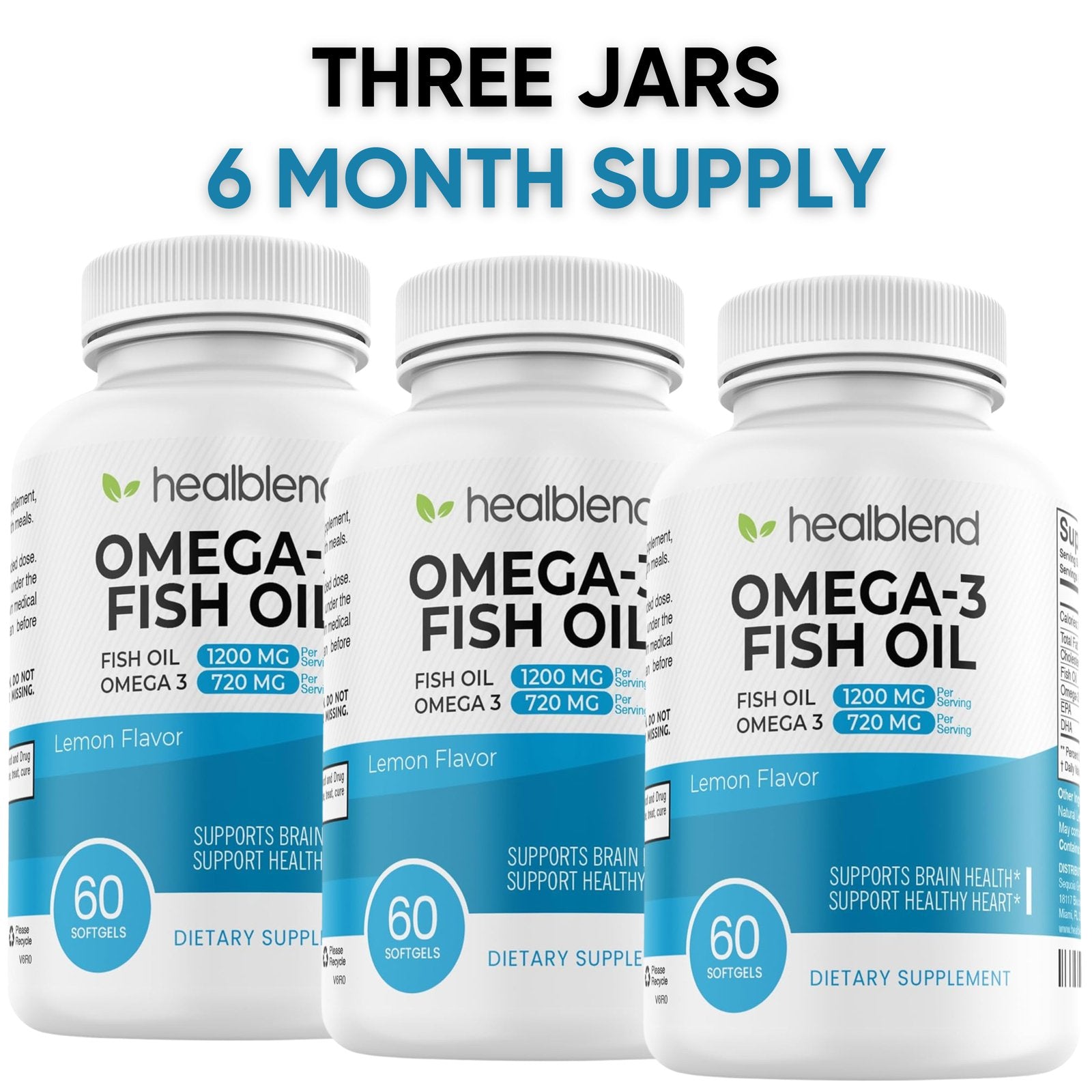 DHA/EPA Omega 3 Fish Oil Pills, Lemon Flavor - 60 Soft Gels - Healblend