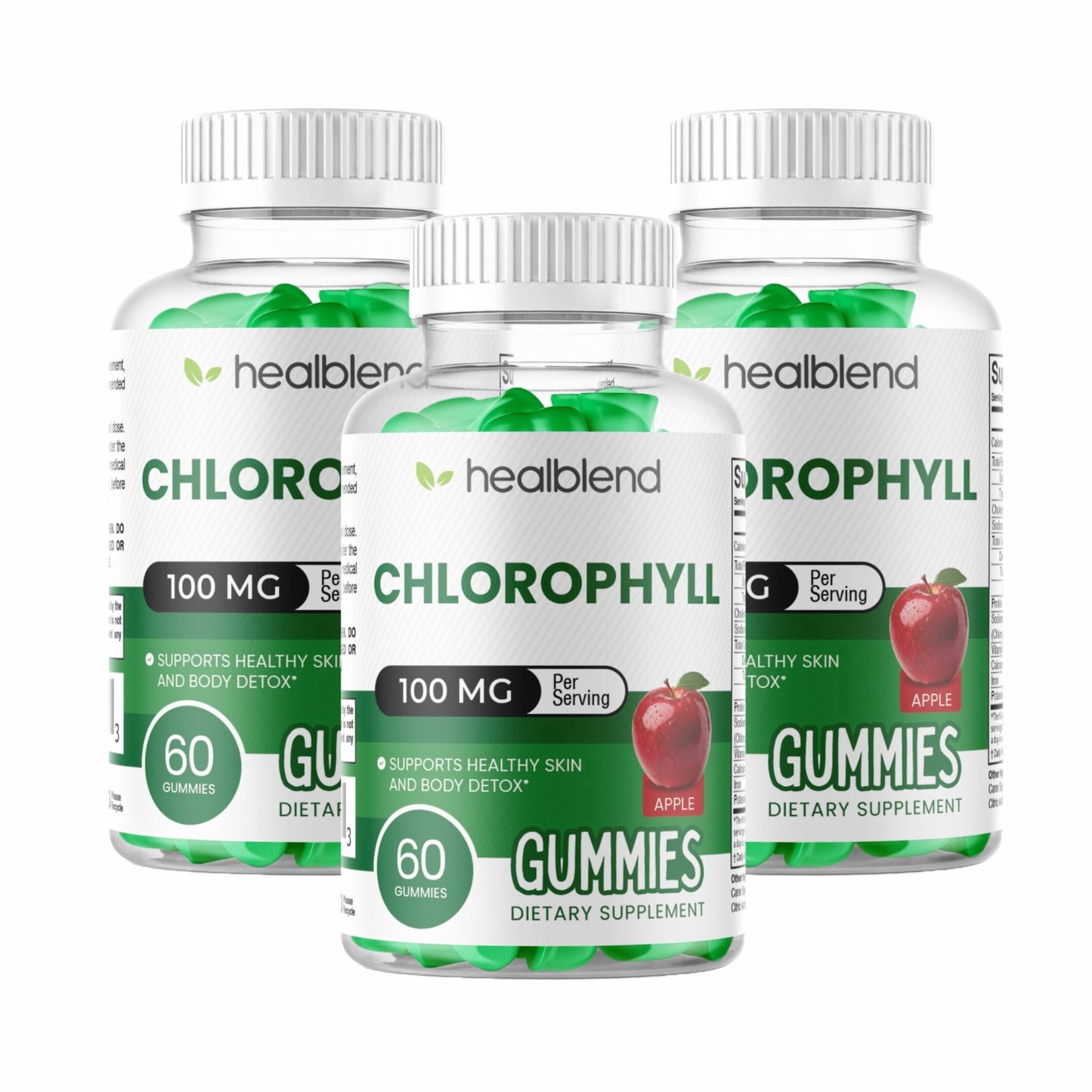 Chlorophyll Gummies 100mg - Body Detox & Skin Health - Natural Apple Flavor - Energy & Immune Support Supplement - 60 Gummies