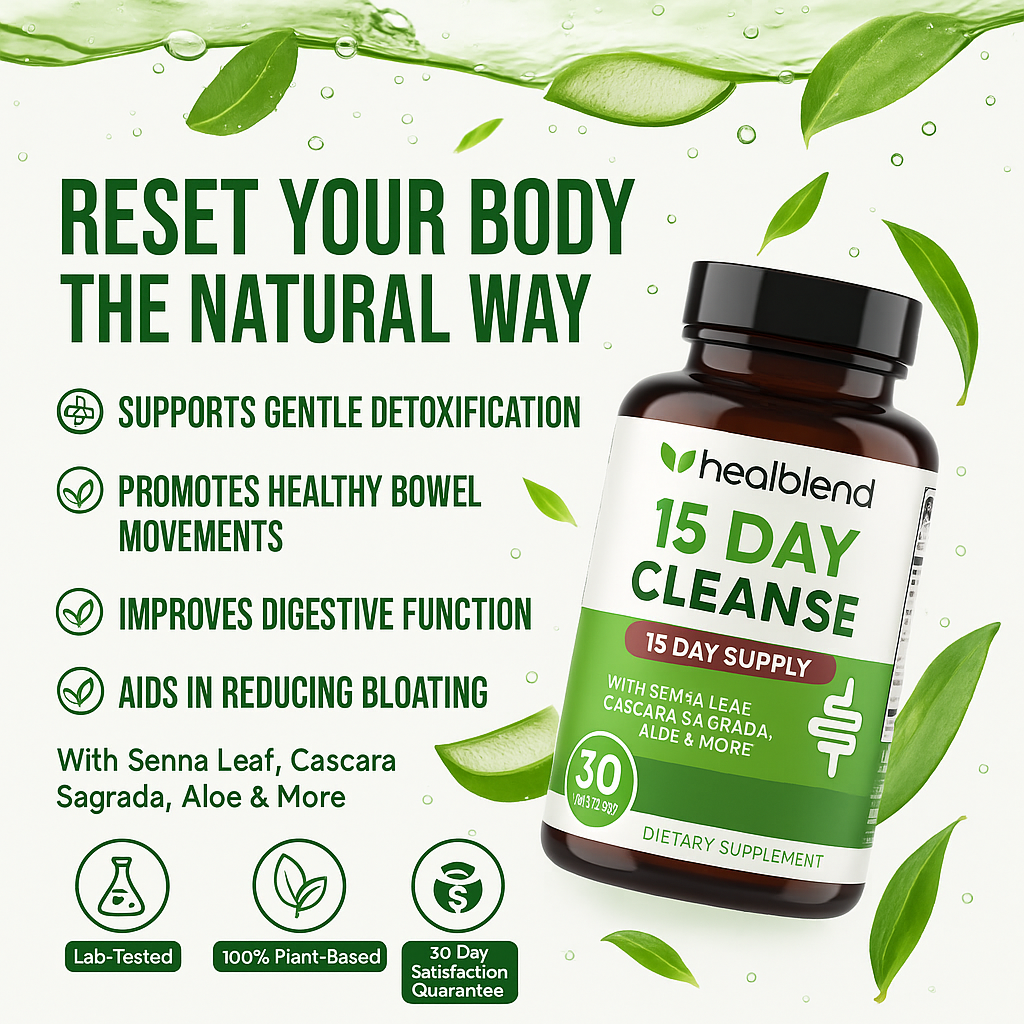 Healblend 15 Day Cleanse Detox Supplement, Natural Colon Cleanser with Senna, Cascara Sagrada, Aloe Vera & Probiotics for Bloating Relief, 30 Capsules