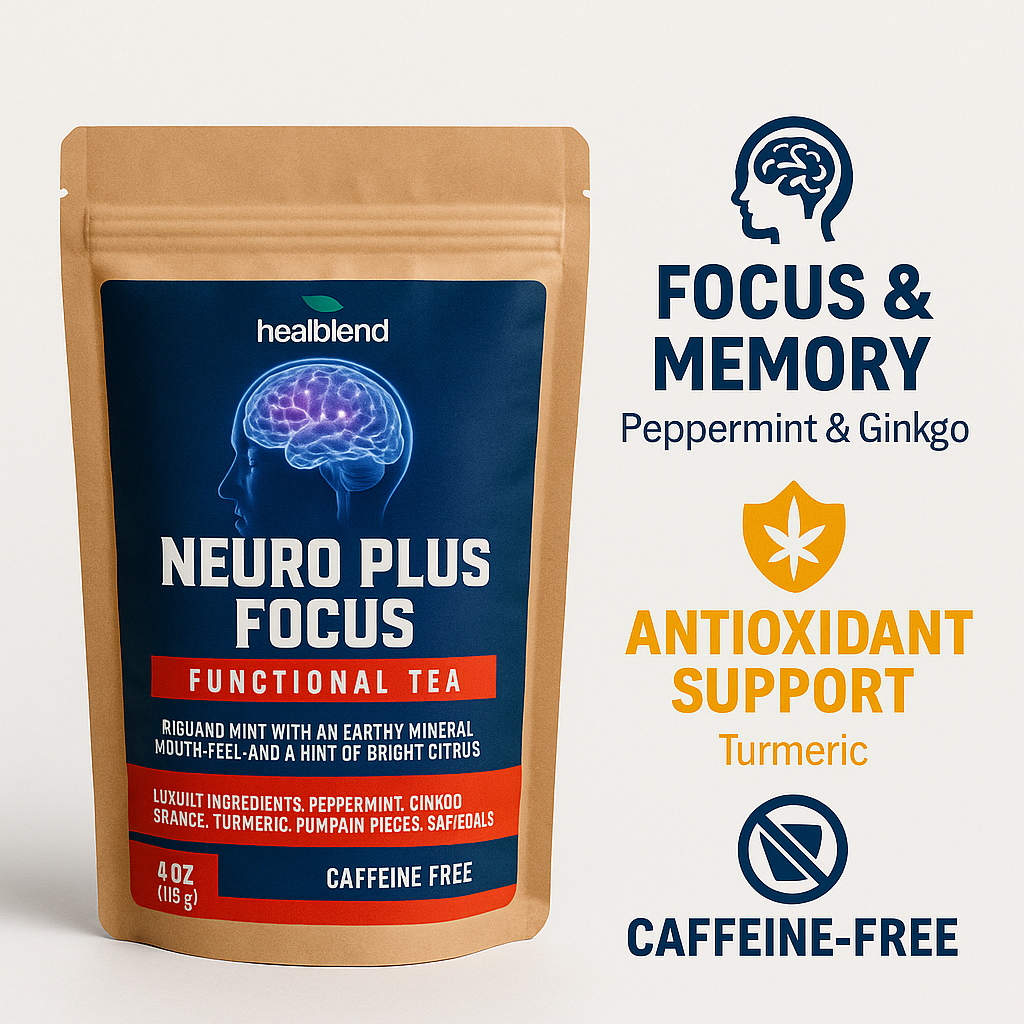 Healblend Neuro Plus Focus Herbal Tea - Natural Brain Support with Ginkgo, Peppermint & Turmeric – Caffeine-Free Loose-Leaf Blend - 4oz