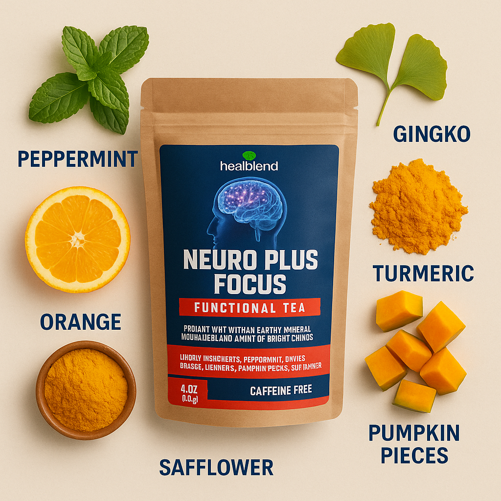 Healblend Neuro Plus Focus Herbal Tea - Natural Brain Support with Ginkgo, Peppermint & Turmeric – Caffeine-Free Loose-Leaf Blend - 4oz