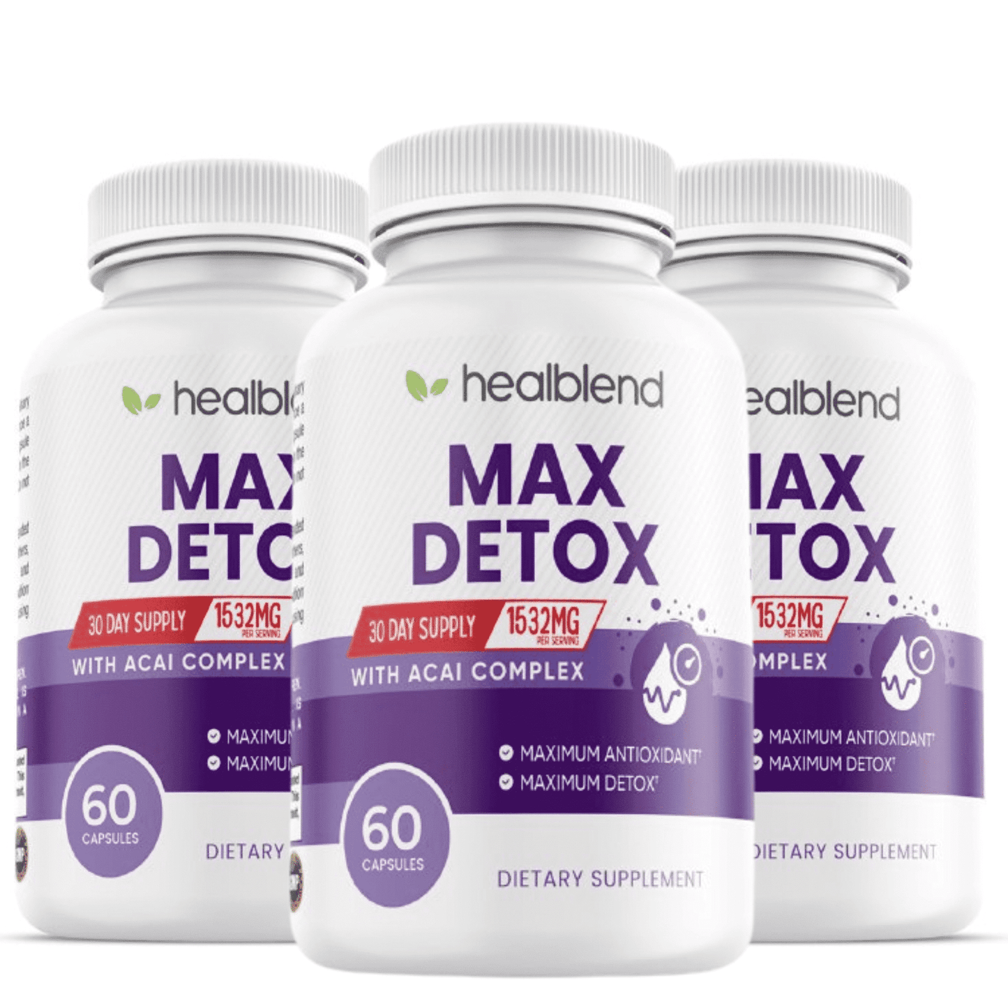 Max Detox Supplement - Colon Cleanse & Liver Detox with Psyllium, Chlorella, Acai Complex - Relieves Bloating, Gas, Constipation - 60 Capsules