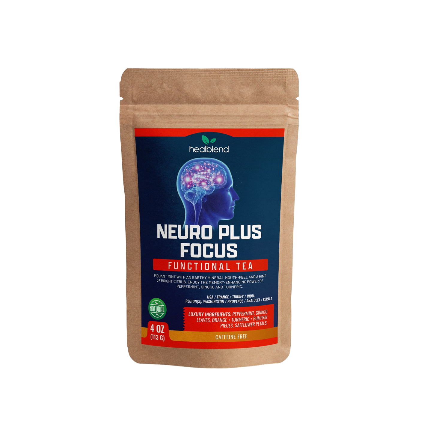 Healblend Neuro Plus Focus Herbal Tea - Natural Brain Support with Ginkgo, Peppermint & Turmeric – Caffeine-Free Loose-Leaf Blend - 4oz