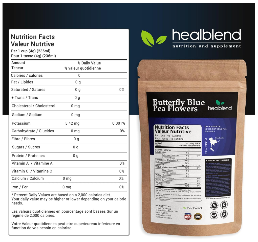 Butterfly Blue Pea Flowers Herbal Tea - Natural Rich Source of Antioxidants, Loose Leaf Freshly Picked from Thailand, Caffeine Free - 4 Oz