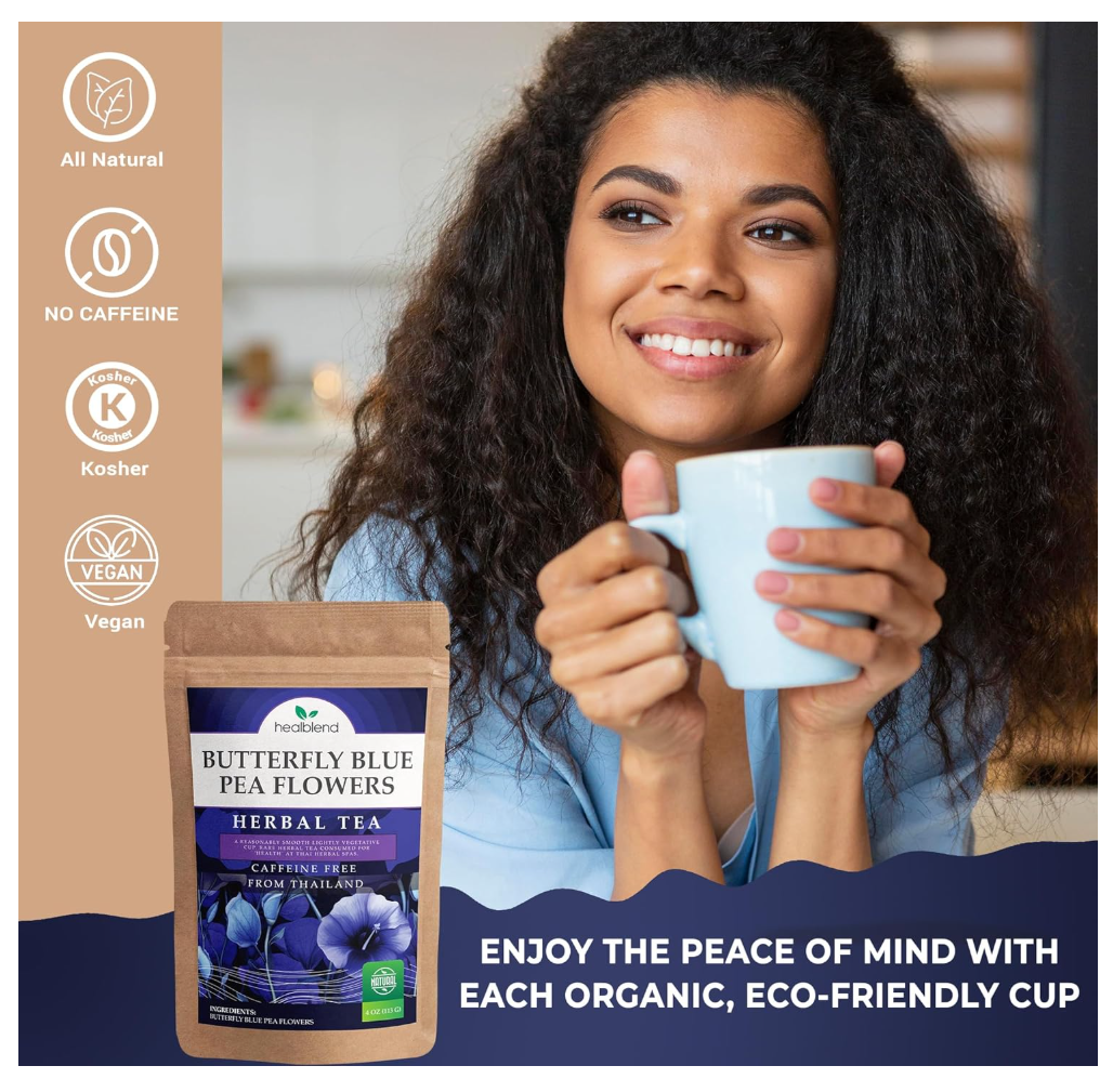 Butterfly Blue Pea Flowers Herbal Tea - Natural Rich Source of Antioxidants, Loose Leaf Freshly Picked from Thailand, Caffeine Free - 4 Oz