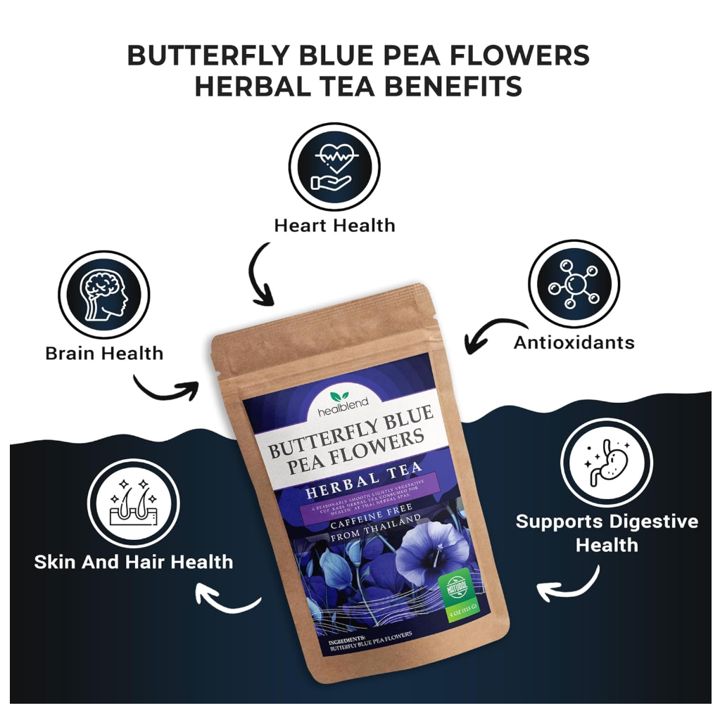 Butterfly Blue Pea Flowers Herbal Tea - Natural Rich Source of Antioxidants, Loose Leaf Freshly Picked from Thailand, Caffeine Free - 4 Oz