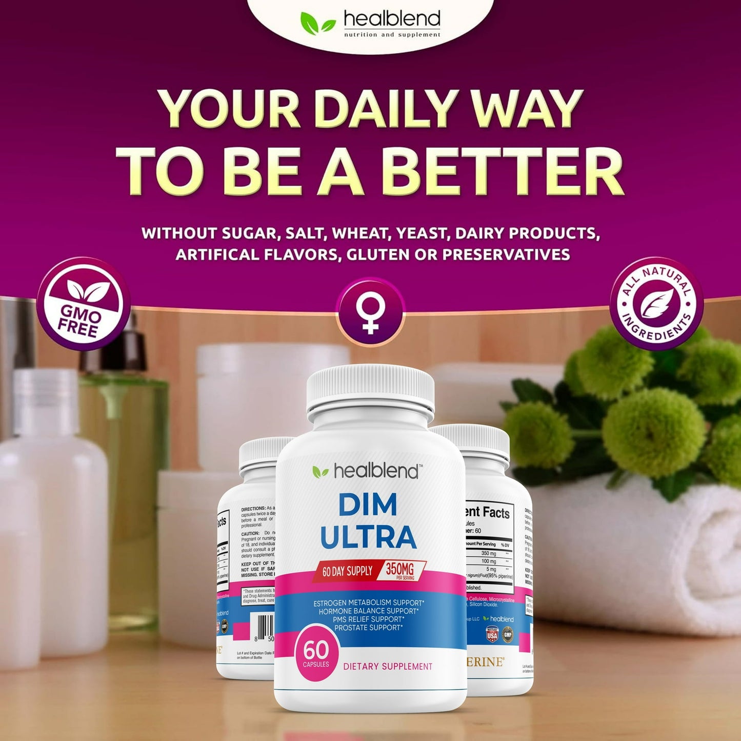 Ultra DIM Supplement 350mg - Supports Estrogen Blocker, Hormone Balance & Menopause for Women with Broccoli Extract, Bioperine - 60 Capsules