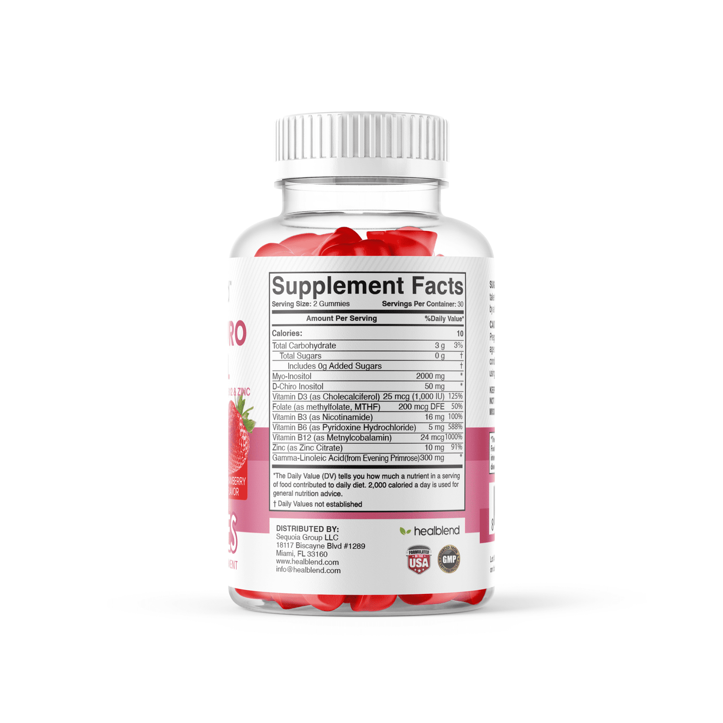 Myo-Inositol & D-Chiro Inositol PCOS Gummies for Hormone Balance & Fertility Support with Folate and Zinc, Strawberry Flavor, 60ct