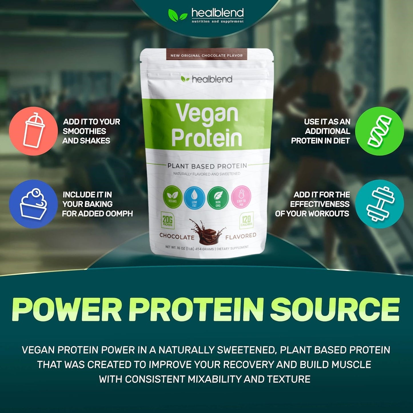 Organic Vegan Protein Powder Chocolate Flavor - 20g Plant Based Pea Protein Isolate for Muscle Support and Recovery - 16 Oz