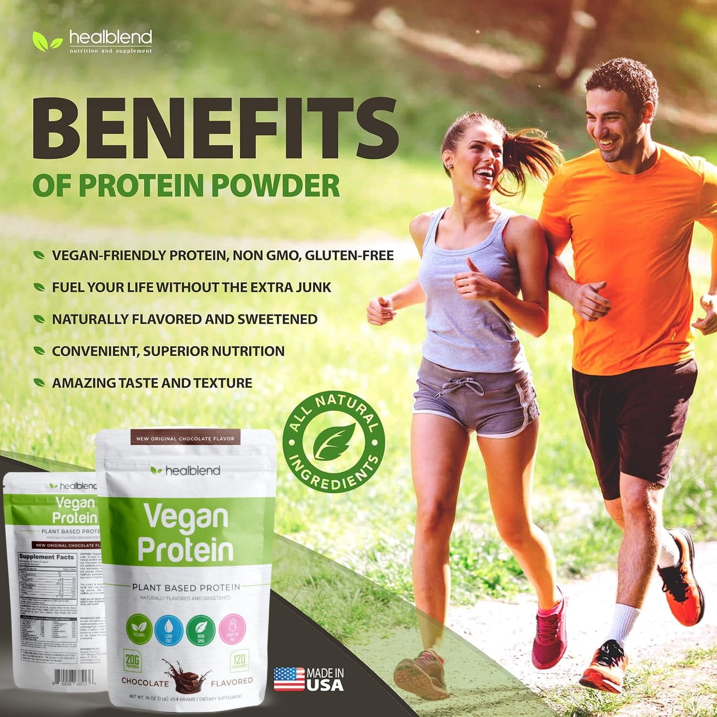 Organic Vegan Protein Powder Chocolate Flavor - 20g Plant Based Pea Protein Isolate for Muscle Support and Recovery - 16 Oz