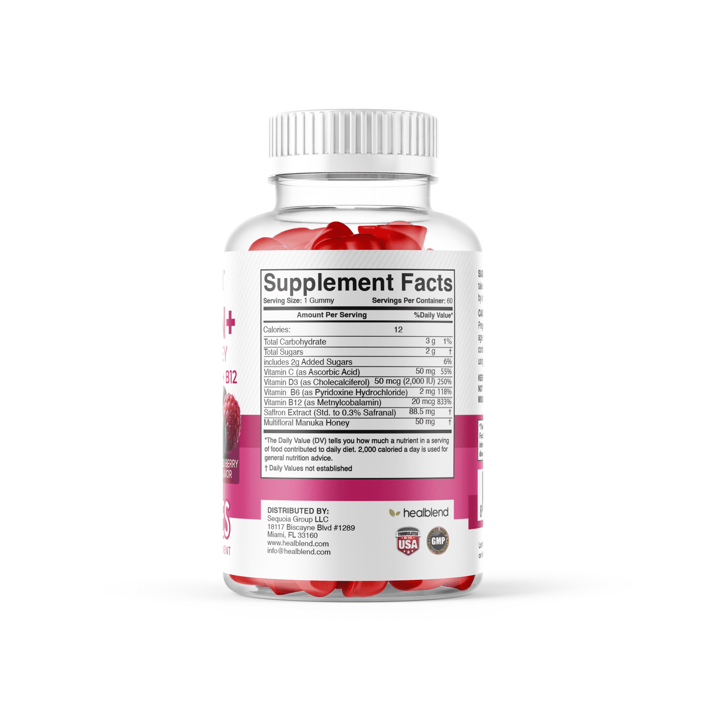 Saffron & Manuka Honey Mood Support Gummies for Stress Relief,  Calm Energy & Focus, Mixed Berry Flavor, 60 Count