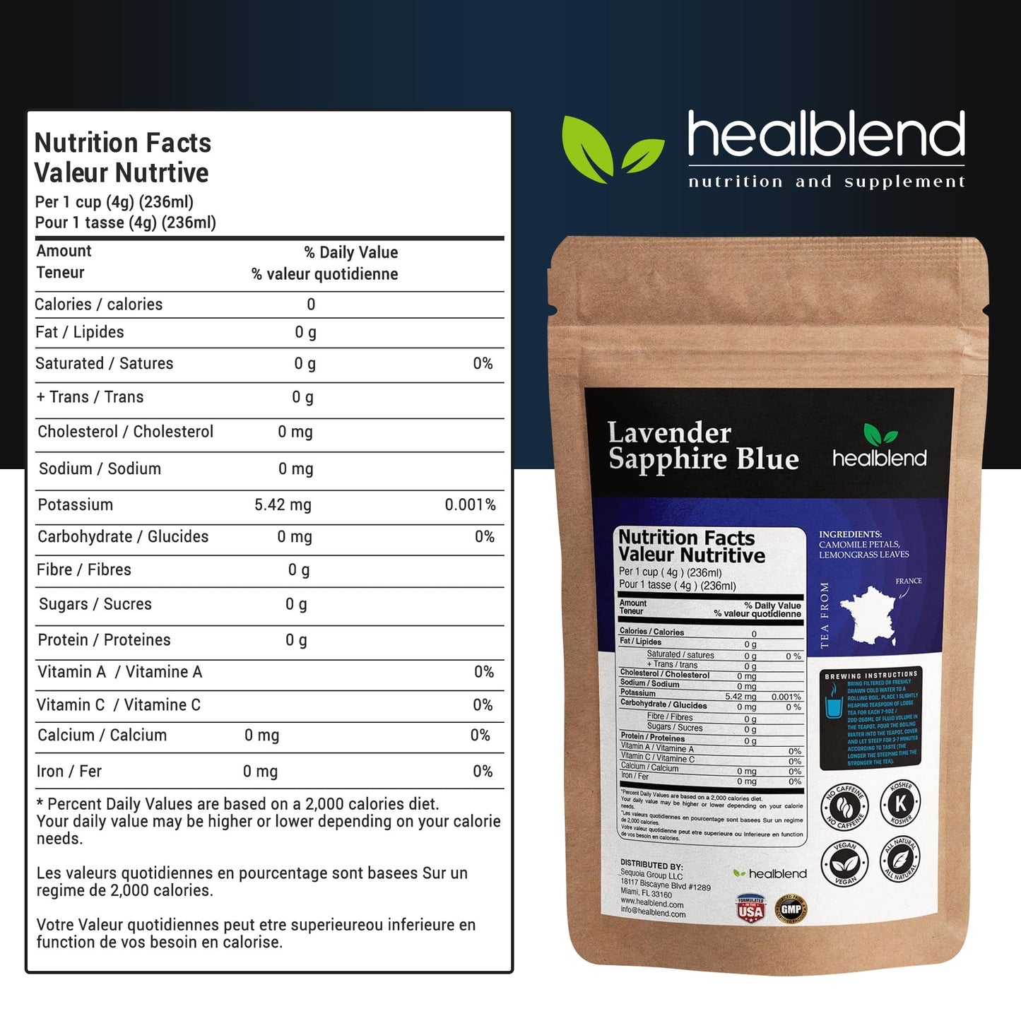 Organic Lavender Sapphire Blue Herbal Tea - Natural Rich Source of Antioxidants, Wellness Boost, Freshly Picked from France, Caffeine Free - 4 Oz