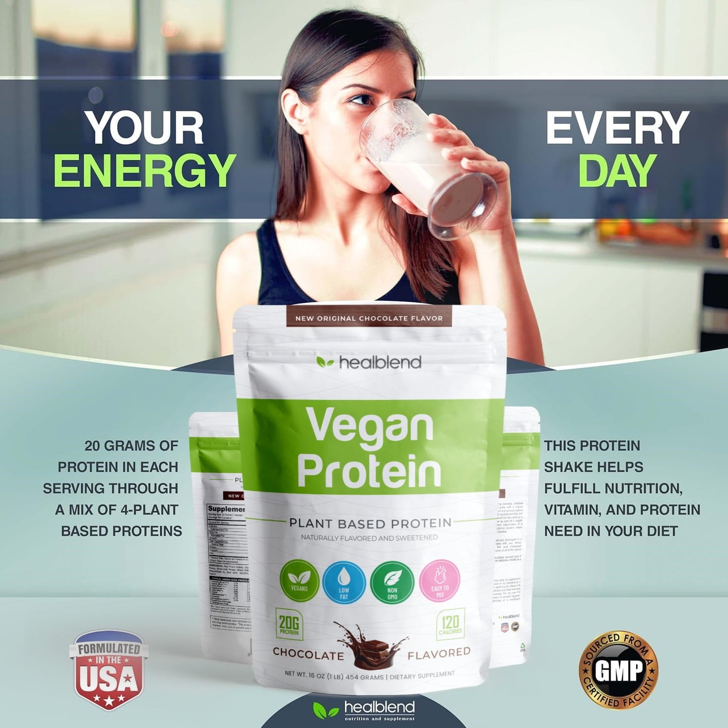 Organic Vegan Protein Powder Chocolate Flavor - 20g Plant Based Pea Protein Isolate for Muscle Support and Recovery - 16 Oz