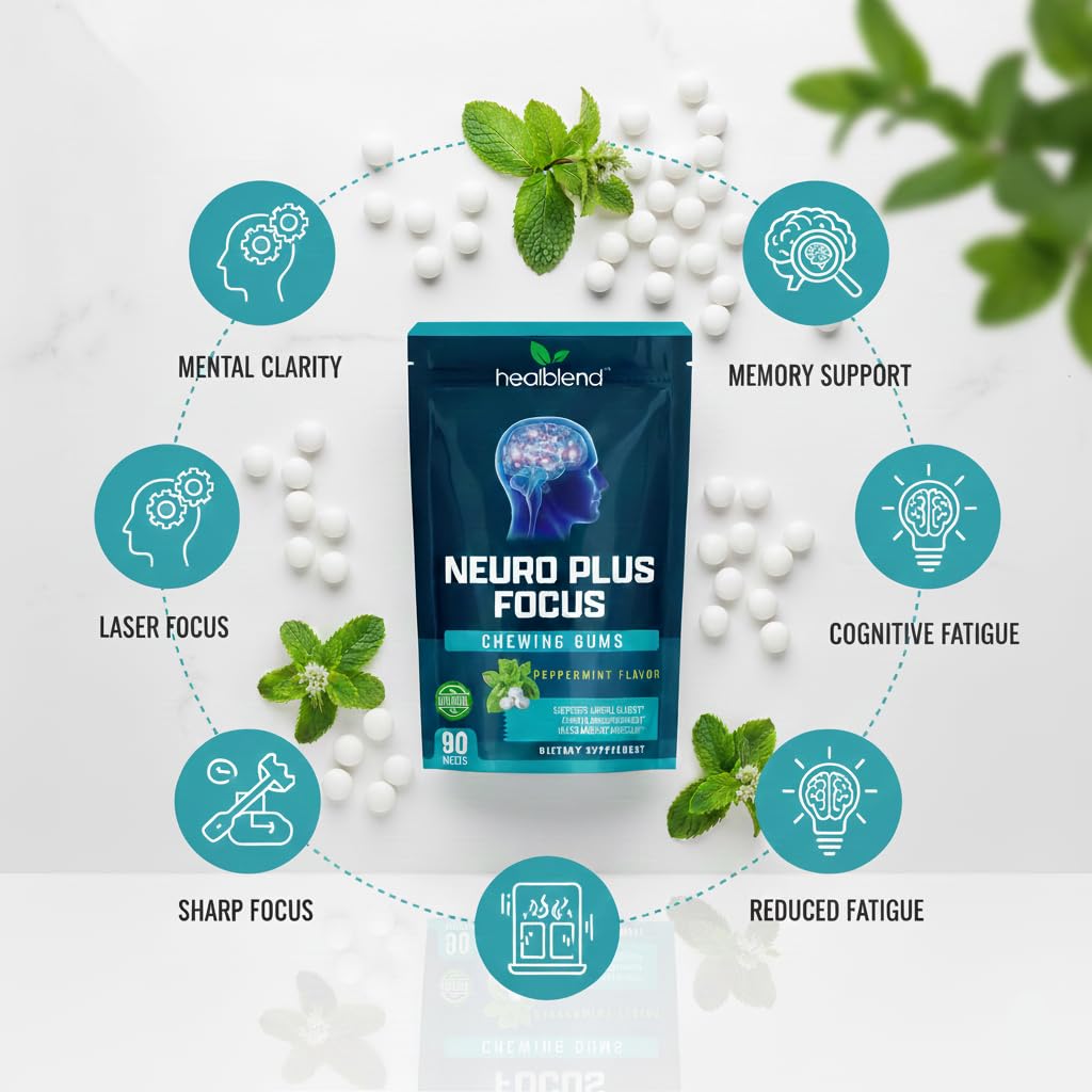 Neuro Plus Focus Chewing Gum, Peppermint Flavor, Nootropic Energy Supports Memory, Mental Clarity & Concentration 90 Pieces
