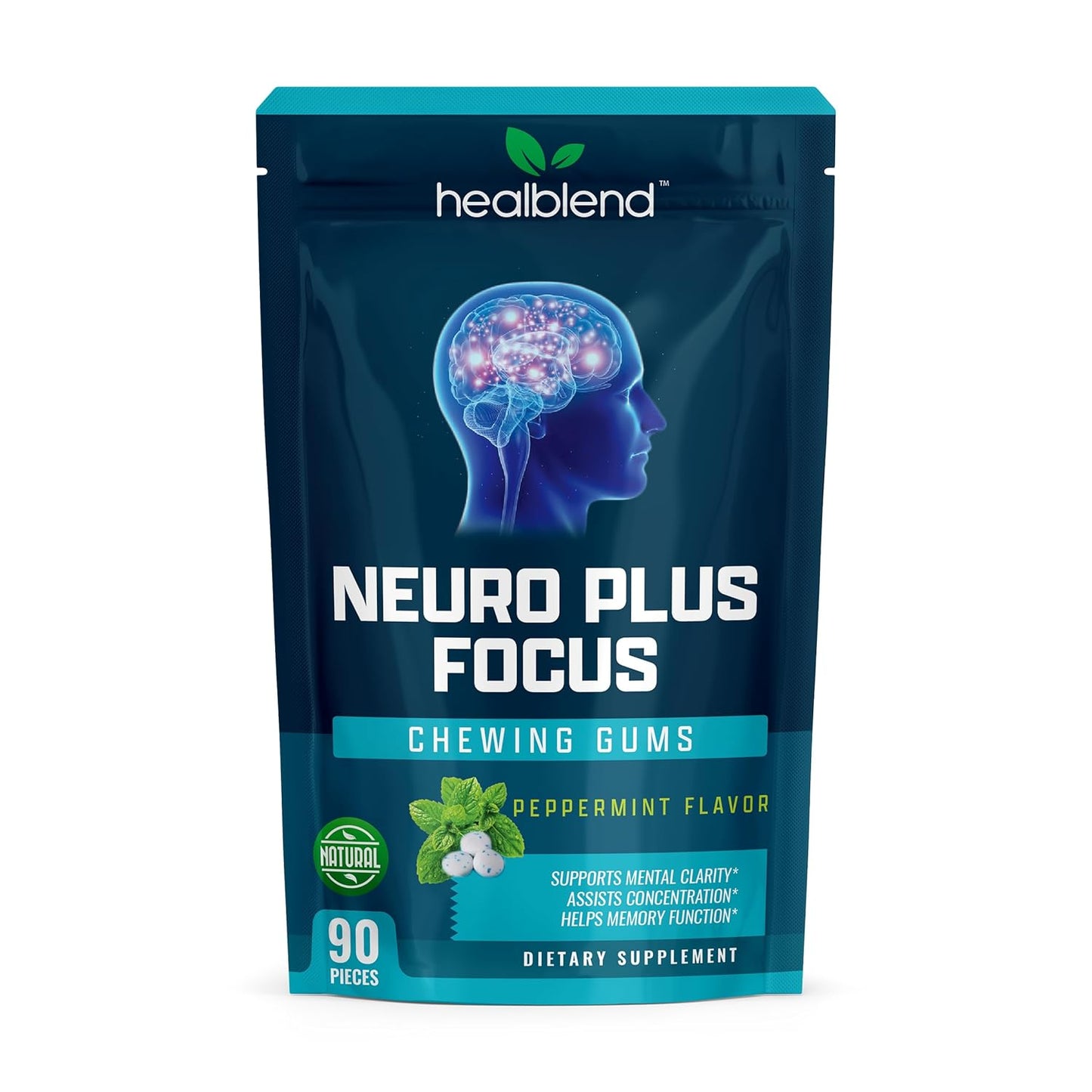 Neuro Plus Focus Chewing Gum, Peppermint Flavor, Nootropic Energy Supports Memory, Mental Clarity & Concentration 90 Pieces