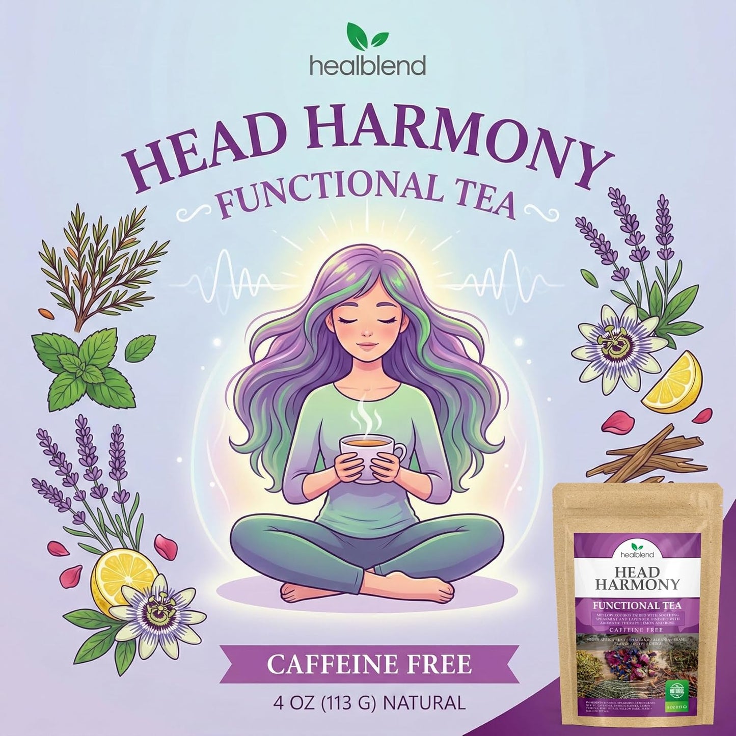 Head Harmony Functional Tea, Calming Tension Relief & Sleep Support, Caffeine Free, 4oz