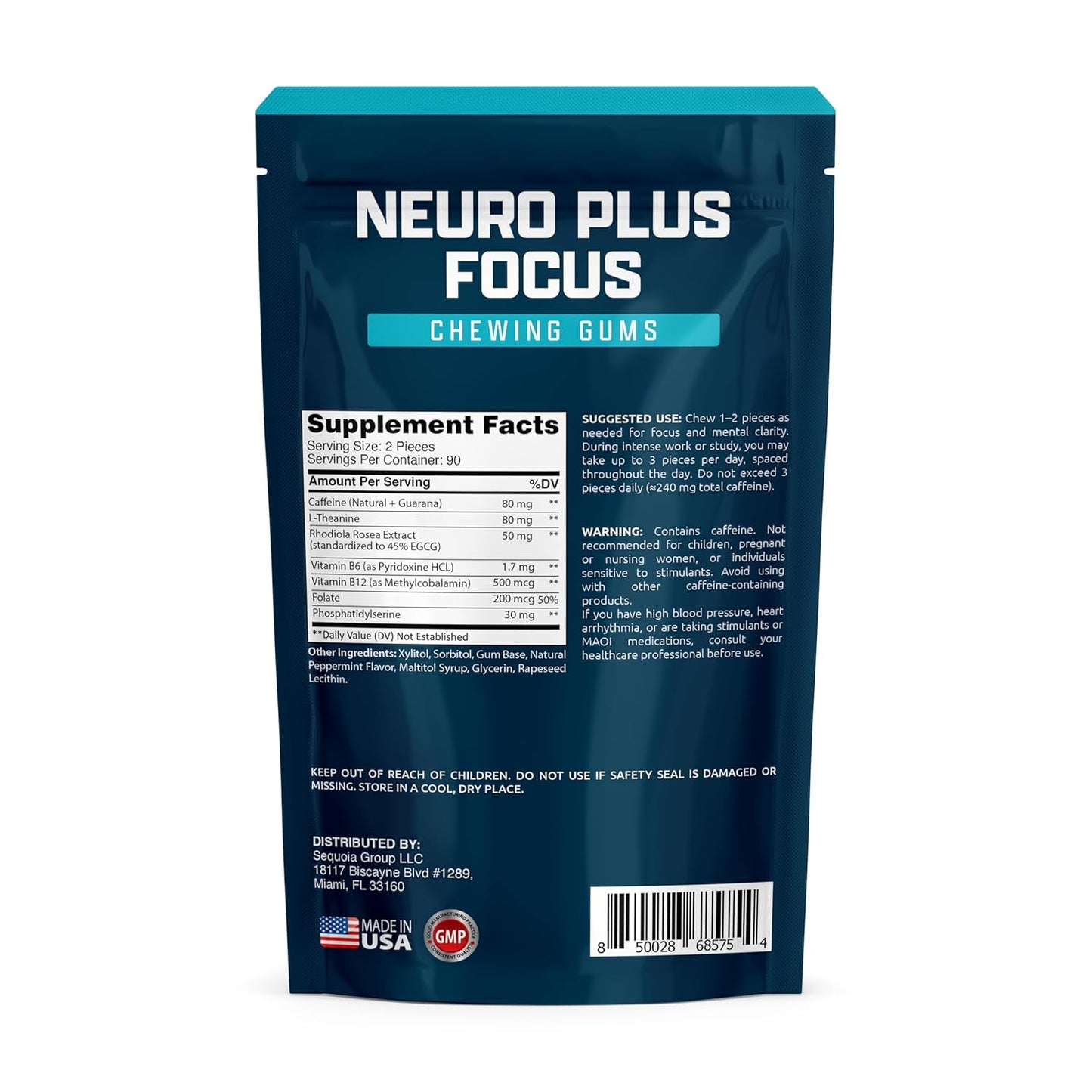 Neuro Plus Focus Chewing Gum, Peppermint Flavor, Nootropic Energy Supports Memory, Mental Clarity & Concentration 90 Pieces