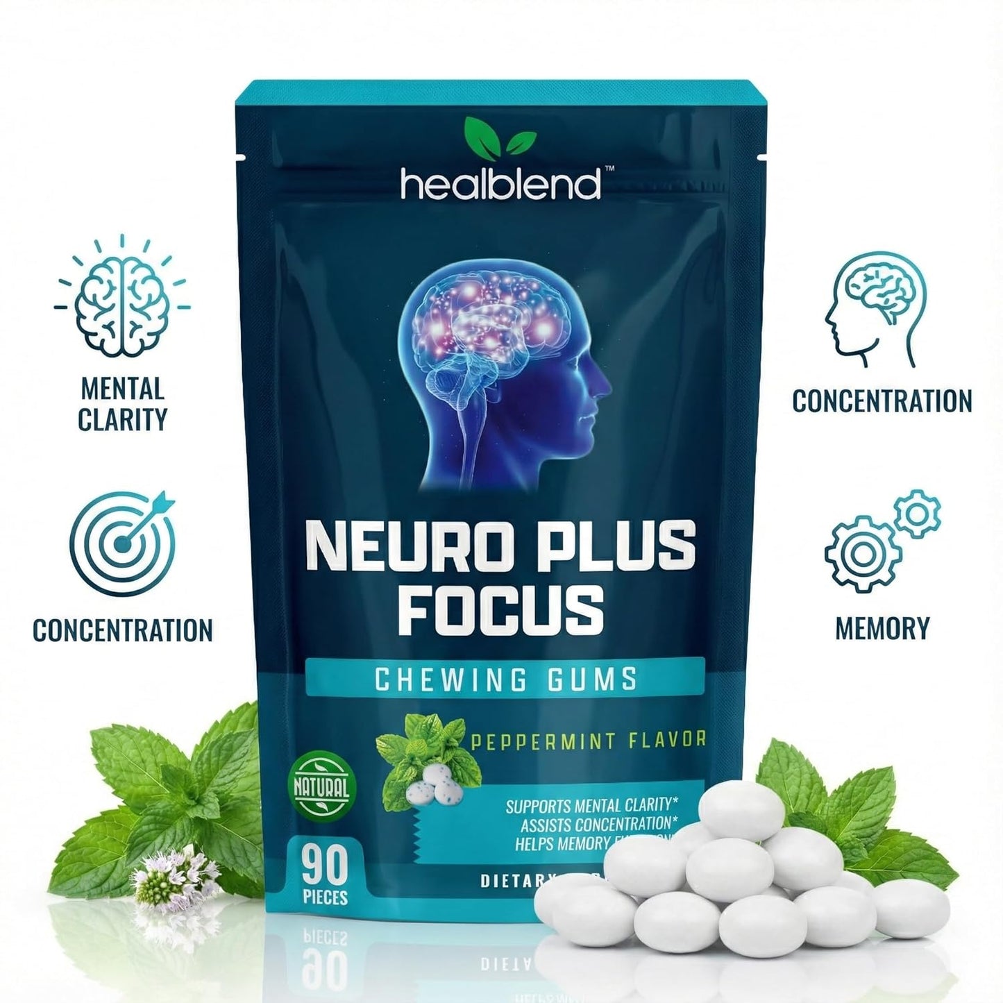 Neuro Plus Focus Chewing Gum, Peppermint Flavor, Nootropic Energy Supports Memory, Mental Clarity & Concentration 90 Pieces