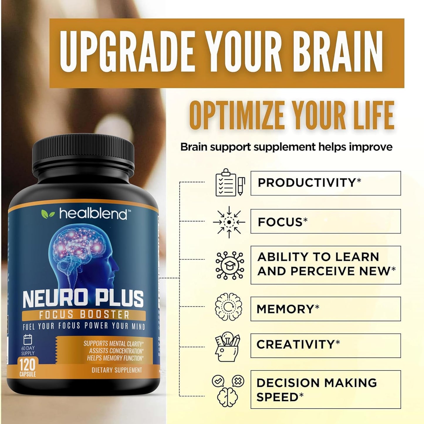 Neuro Plus Focus Booster - Advanced Brain Support Supplement with Vitamin B6, B12 - Improves Memory, Concentration & Cognitive Function – 120 Capsules