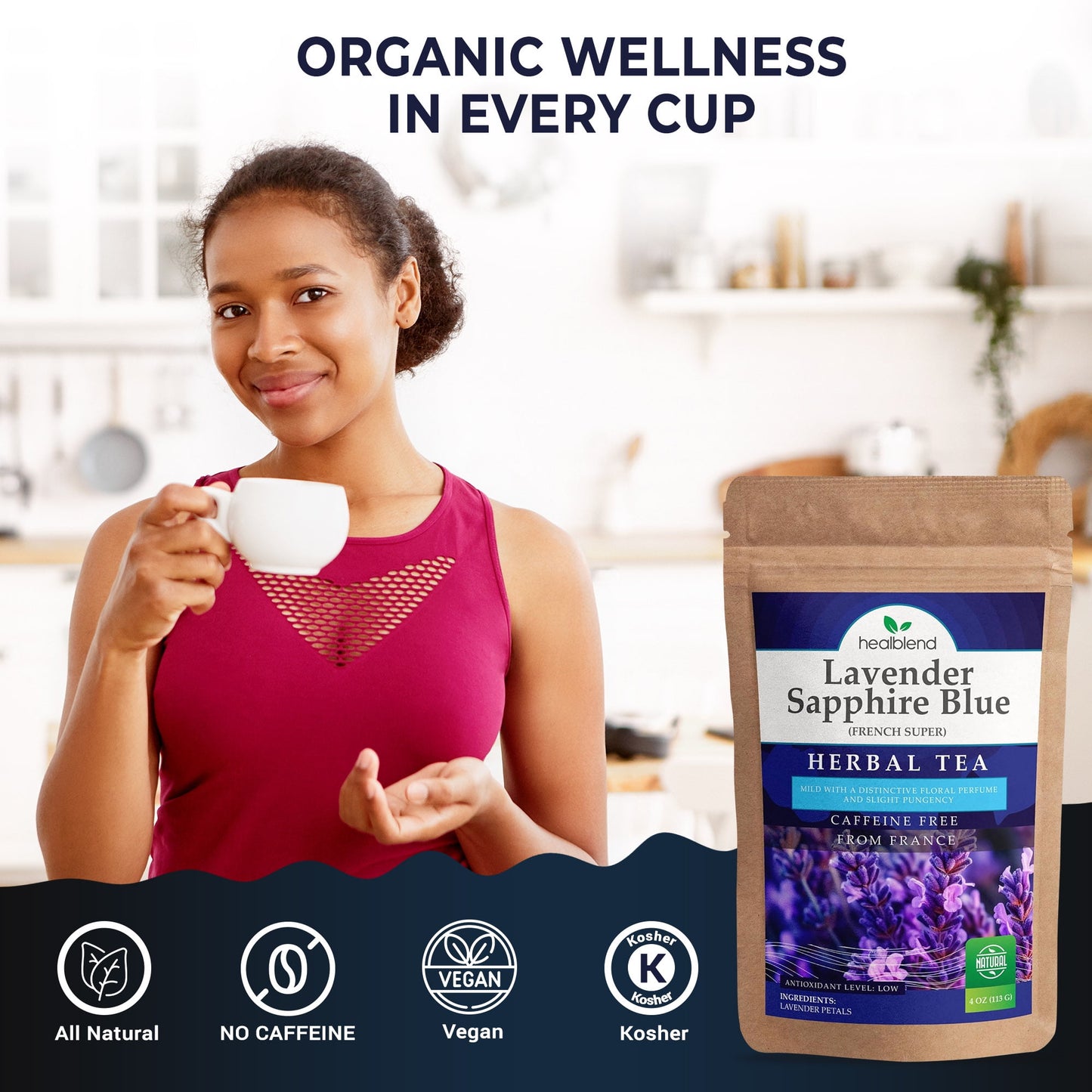 Organic Lavender Sapphire Blue Herbal Tea - Natural Rich Source of Antioxidants, Wellness Boost, Freshly Picked from France, Caffeine Free - 4 Oz