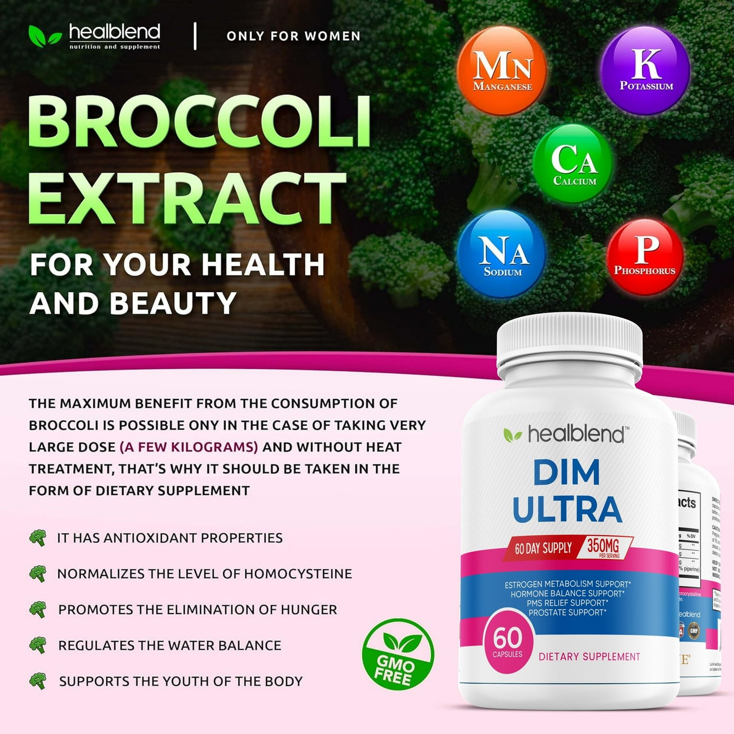 Ultra DIM Supplement 350mg - Supports Estrogen Blocker, Hormone Balance & Menopause for Women with Broccoli Extract, Bioperine - 60 Capsules