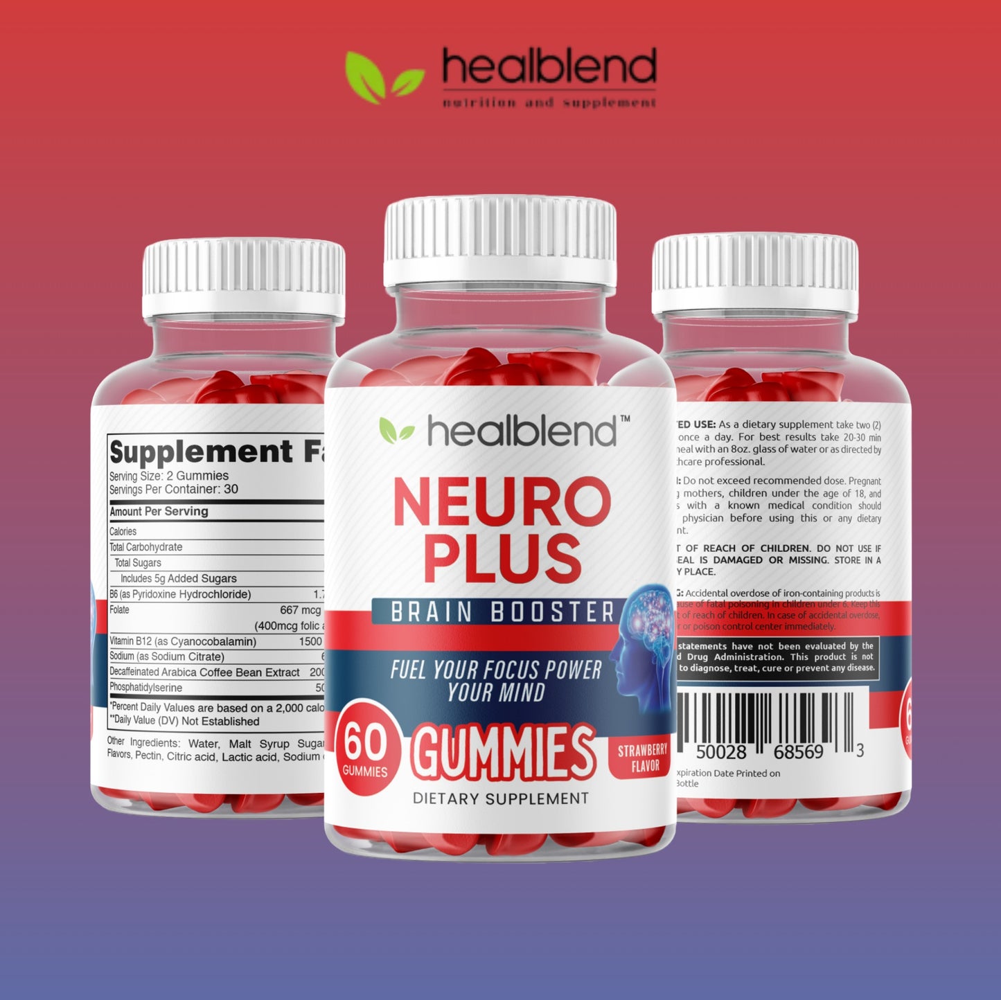 Neuro Plus Brain Booster Gummies – Focus, Memory & Clarity Support with Vitamin B12, Folate, B6, Phosphatidylserine – Strawberry Flavor – 60ct