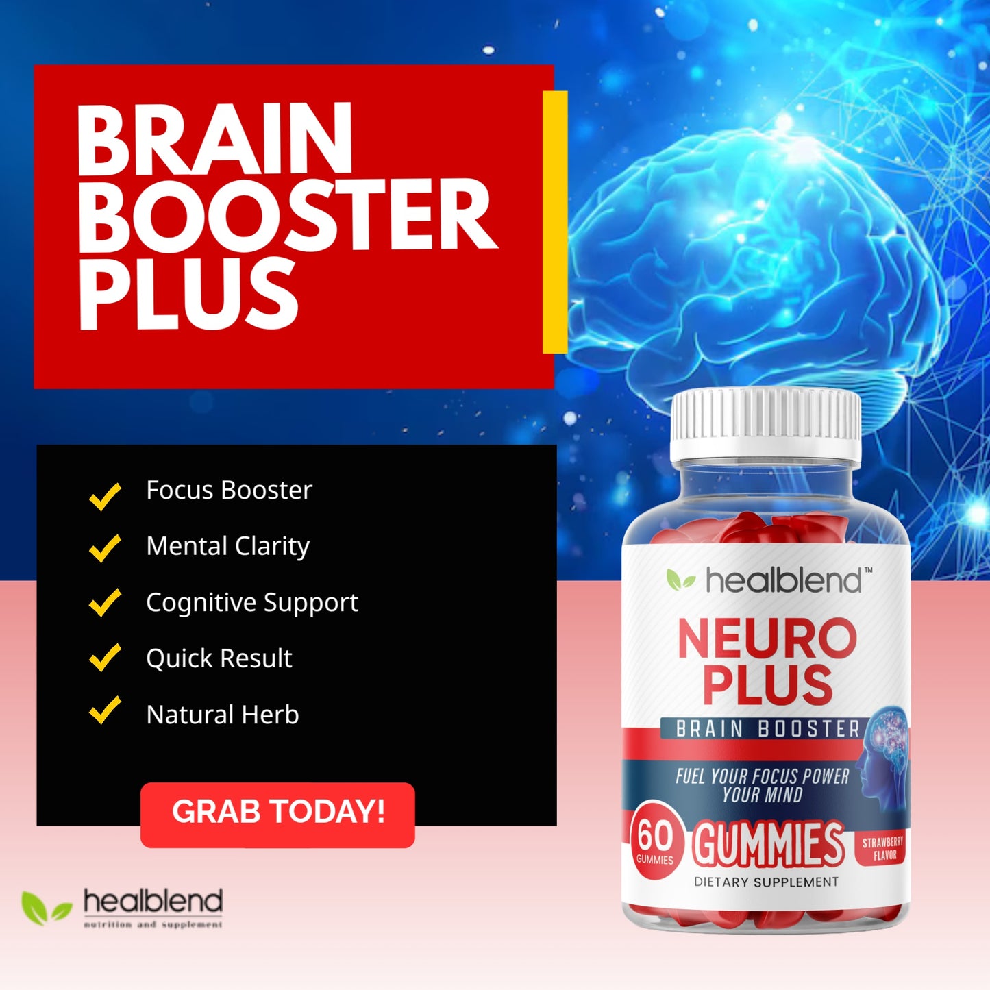 Neuro Plus Brain Booster Gummies – Focus, Memory & Clarity Support with Vitamin B12, Folate, B6, Phosphatidylserine – Strawberry Flavor – 60ct