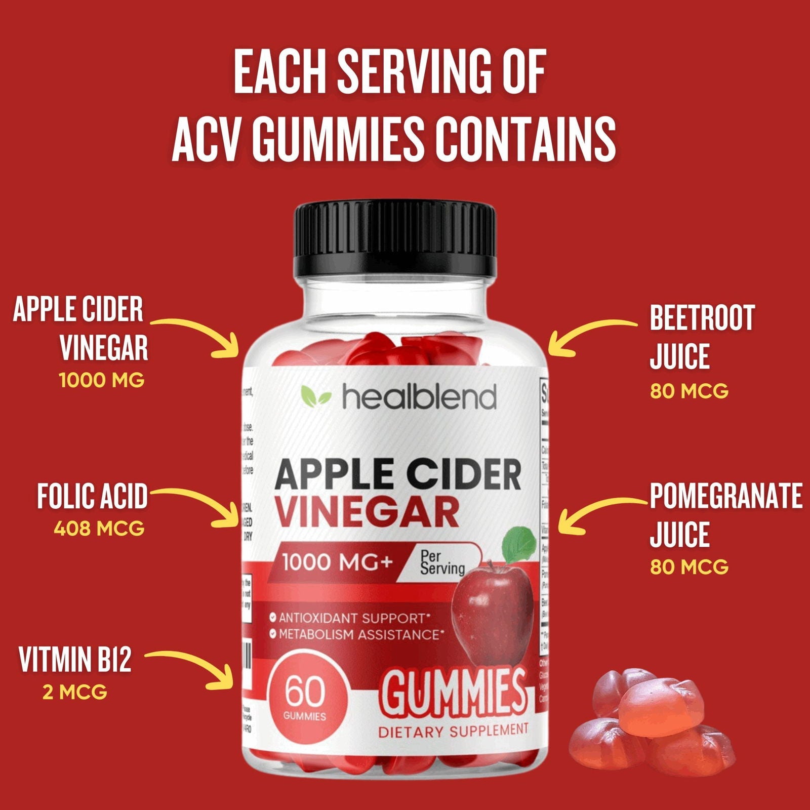 Apple Cider Vinegar Gummy Vitamins 1000MG Per Serving - Healblend