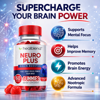 Healblend Neuro Plus Brain Booster gummies in a clear bottle with a red cap, shown on a glowing blue and white background with marketing text and icons about mental focus, memory, brain energy, and nootropic formula.