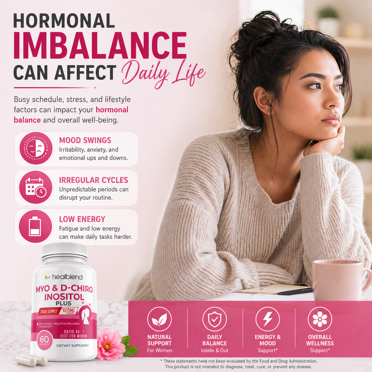 Myo Inositol & D-Chiro Inositol Plus Supplement - Support Hormonal Balance, Fertility & Healthy Ovarian Function for Women - 60 Capsules