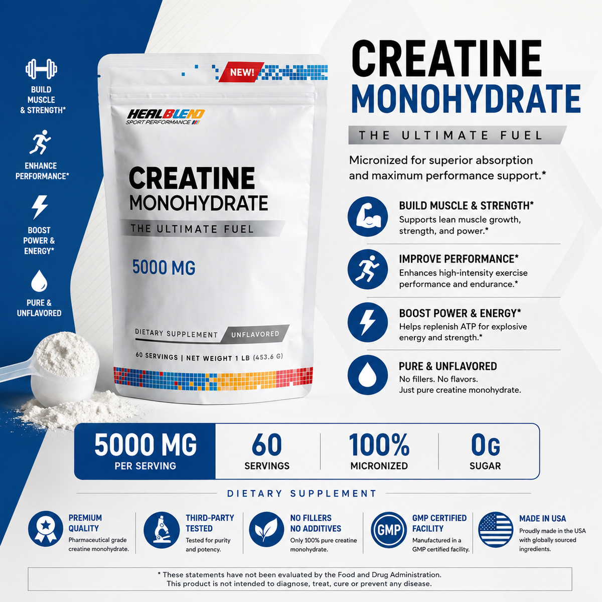 Creatine Monohydrate Powder 5000mg - Unflavored Micronized Creatine for Muscle Gain, Improve Performance & Pre-Workout Recovery - 60 Servings