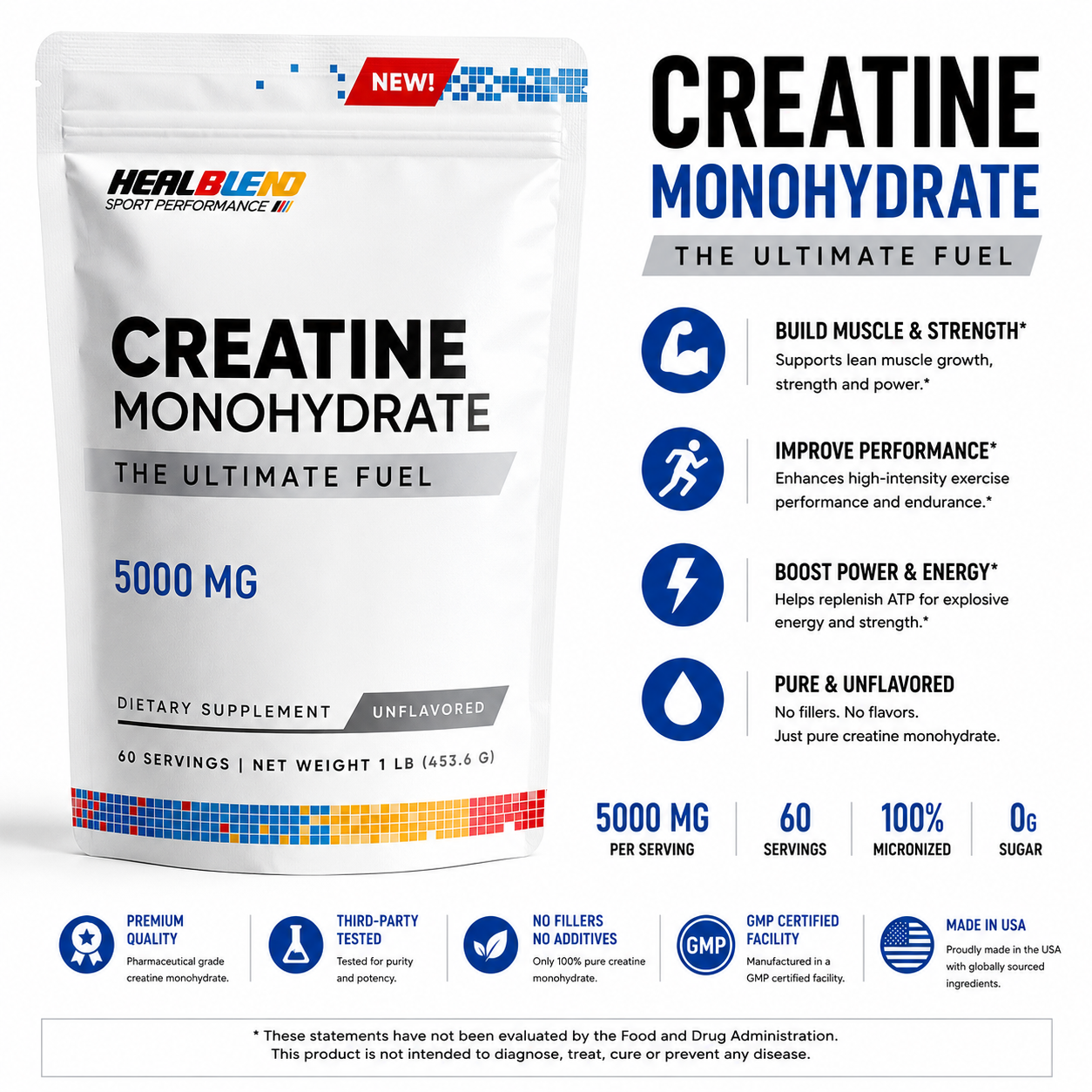 Creatine Monohydrate Powder 5000mg - Unflavored Micronized Creatine for Muscle Gain, Improve Performance & Pre-Workout Recovery - 60 Servings