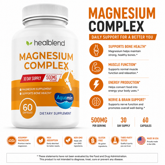 Multi Magnesium Complex Supplement 500mg with  Hydroxide, Malate, Oxide, Citrate, Glycinate - Bone, Heart, & Muscle Support 60 Capsules