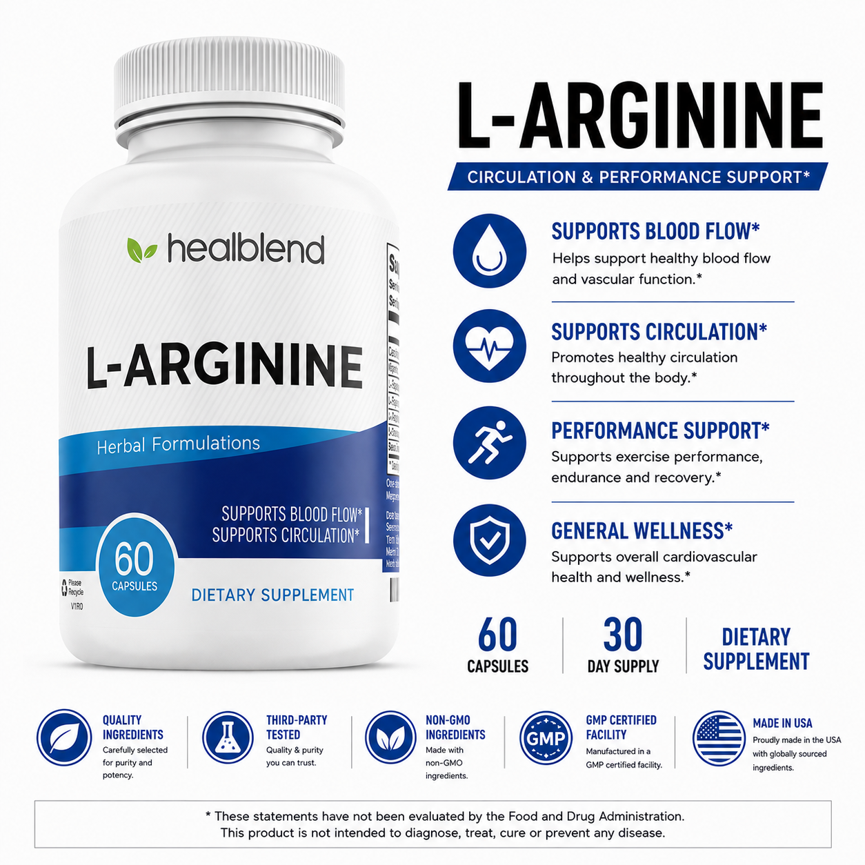 L Arginine Plus Supplements - Supports Blood Flow, Heart Health, Healthy Blood Circulation with L-Citrulline & Beta Alanine - 60 Capsules