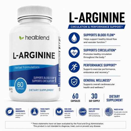 L Arginine Plus Supplements - Supports Blood Flow, Heart Health, Healthy Blood Circulation with L-Citrulline & Beta Alanine - 60 Capsules