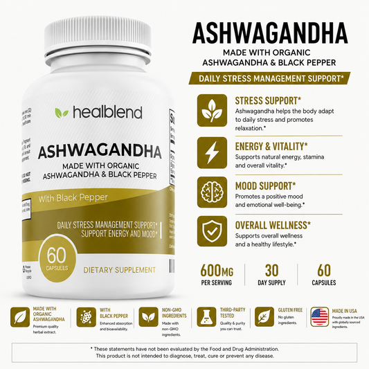 Organic Ashwagandha 1300mg with Black Pepper Extract - Stress Relief, Mood & Energy Support Supplement - 60 Capsules
