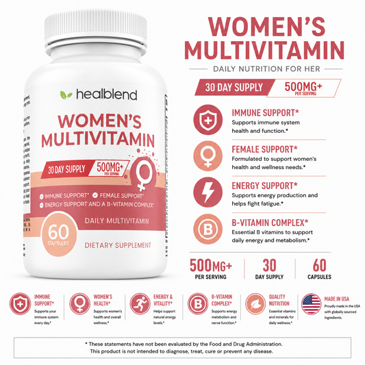 Women’s Multivitamin 500mg with 20 Essential Vitamins & Minerals, Vitamin A-B Complex - Supports General Health, Energy & Immunity-60 Capsules