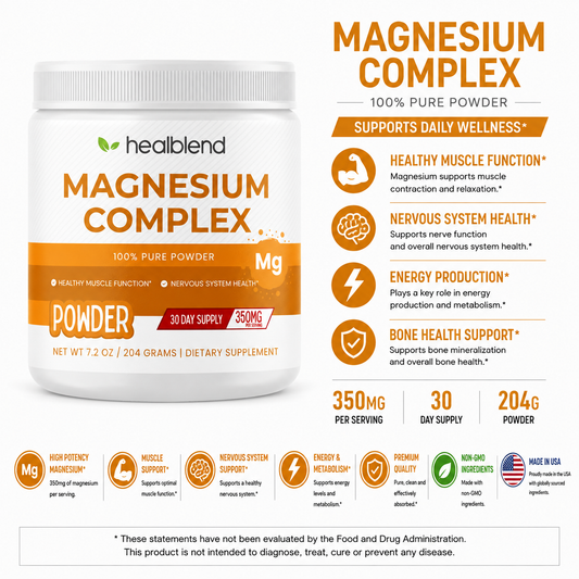 Magnesium Complex Powder 350mg - High Absorption Supplement for Sleep, Heart, Cognitive & Muscles Health, Energy & Metabolism - 60 Servings