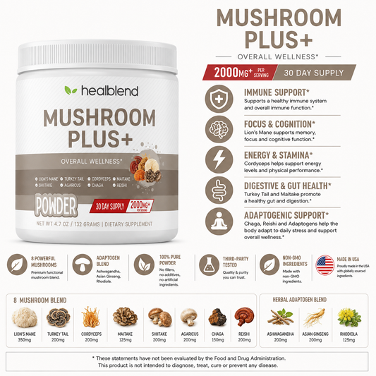 Mushroom Plus Powder 2000mg - 10 Organic Mushrooms for Brain, Immune & Stress Support with Reishi, Cordyceps, Turkey Tail - 60-Day Supply