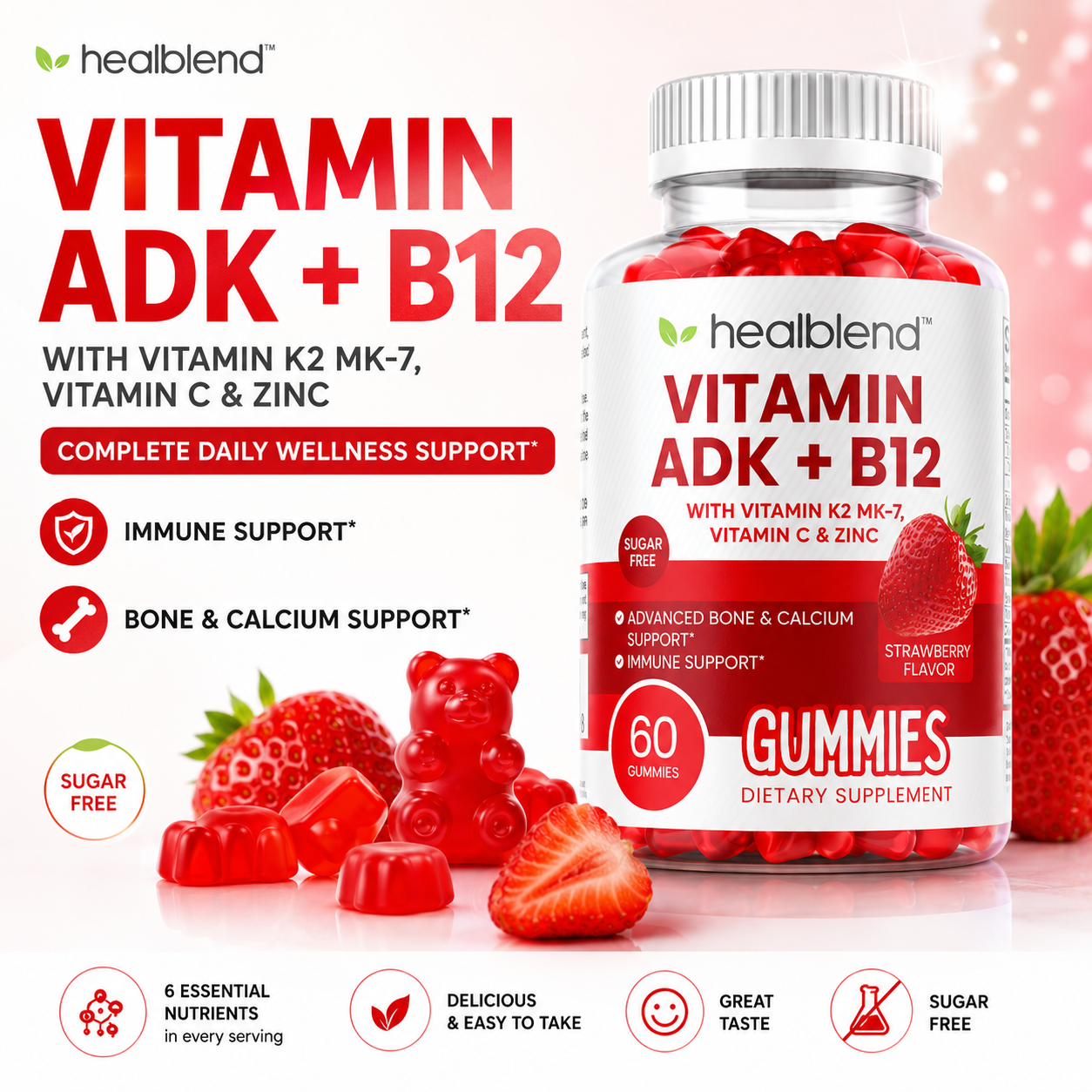 Vitamin ADK + B12 Gummies - High Potency Vitamin D3, A & B12 - Immune, Bone & Energy Support Supplement - Strawberry Flavor