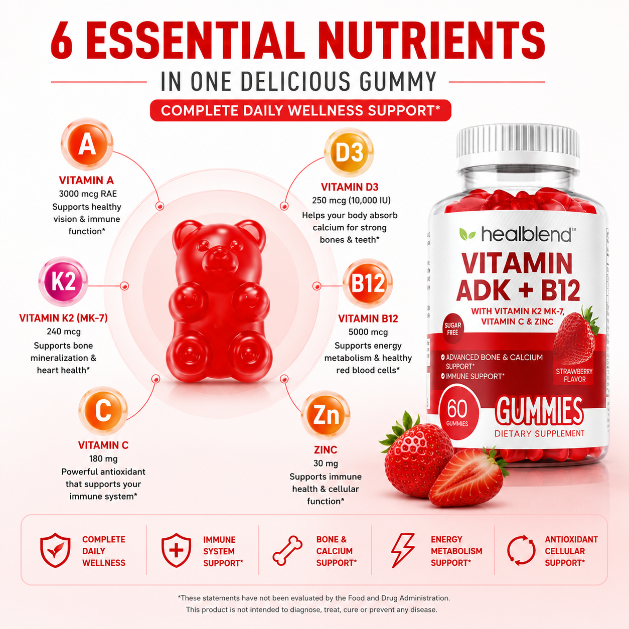 Vitamin ADK + B12 Gummies - High Potency Vitamin D3, A & B12 - Immune, Bone & Energy Support Supplement - Strawberry Flavor