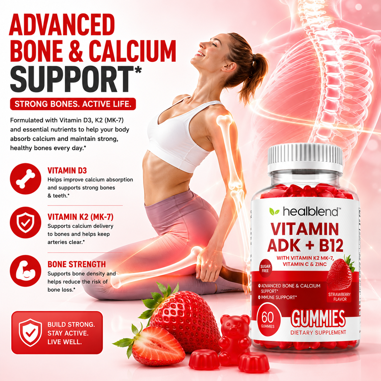 Vitamin ADK + B12 Gummies - High Potency Vitamin D3, A & B12 - Immune, Bone & Energy Support Supplement - Strawberry Flavor