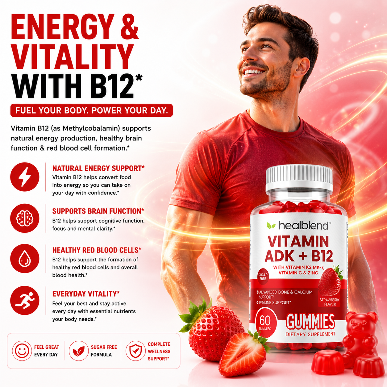 Vitamin ADK + B12 Gummies - High Potency Vitamin D3, A & B12 - Immune, Bone & Energy Support Supplement - Strawberry Flavor