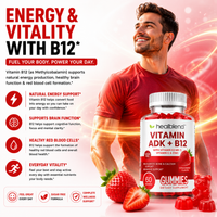 Vitamin ADK + B12 Gummies - High Potency Vitamin D3, A & B12 - Immune, Bone & Energy Support Supplement - Strawberry Flavor