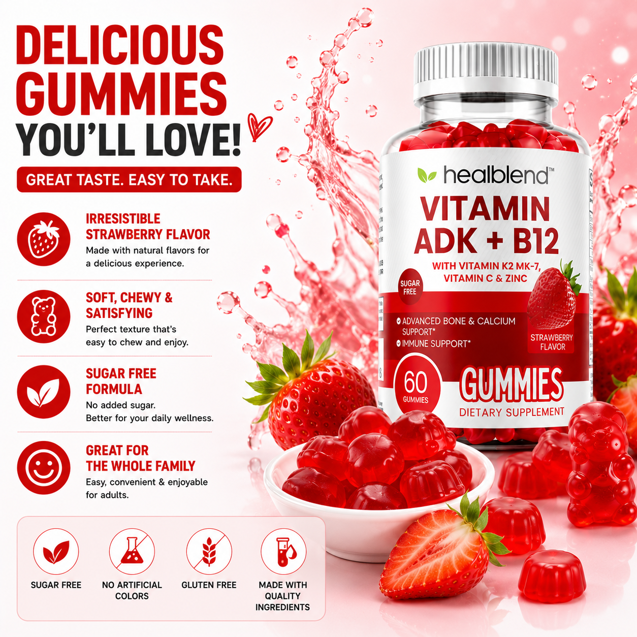 Vitamin ADK + B12 Gummies - High Potency Vitamin D3, A & B12 - Immune, Bone & Energy Support Supplement - Strawberry Flavor