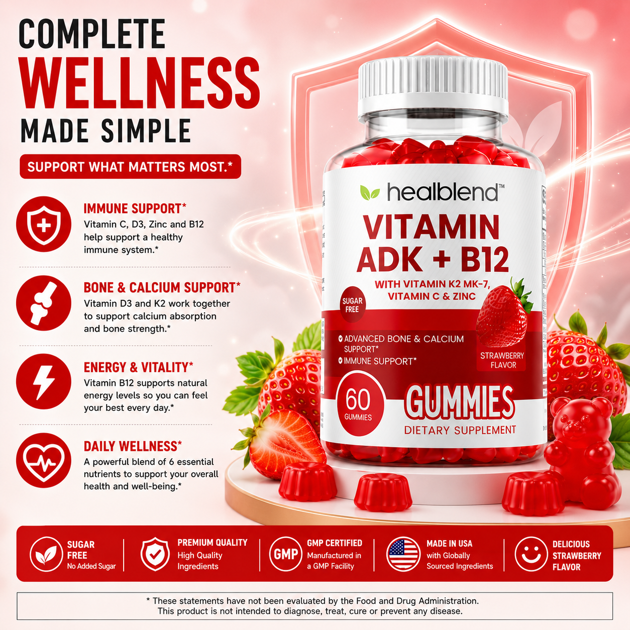 Vitamin ADK + B12 Gummies - High Potency Vitamin D3, A & B12 - Immune, Bone & Energy Support Supplement - Strawberry Flavor