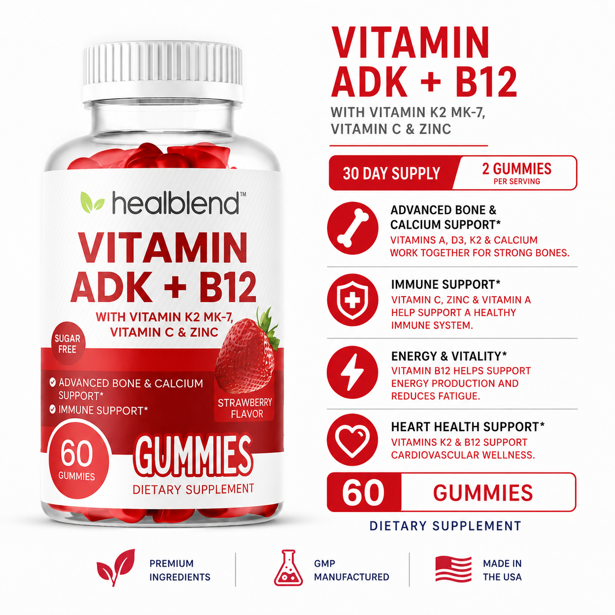 Vitamin ADK + B12 Gummies - High Potency Vitamin D3, A & B12 - Immune, Bone & Energy Support Supplement - Strawberry Flavor